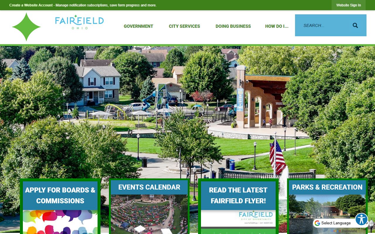 Fairfield city website showing department information for Fairfield white pages searches