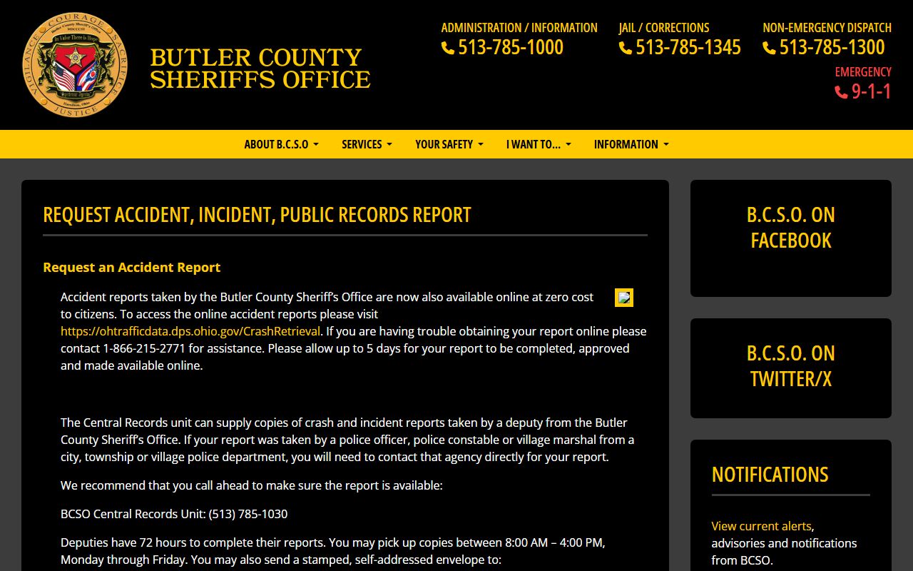 Butler County Sheriff records request page for Hamilton white pages