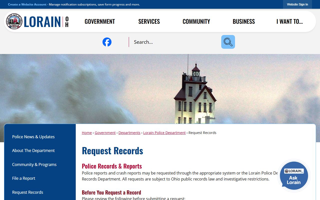 City of Lorain records request page for Lorain white pages