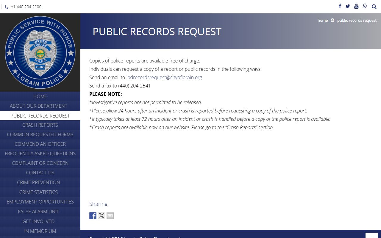 Lorain Police Department public records request page for Lorain white pages