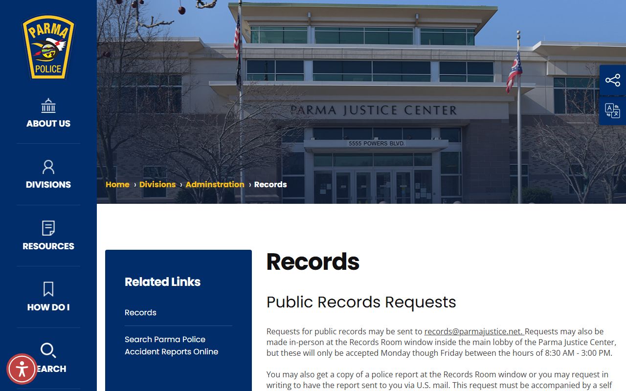 Parma Police Department records page for Parma white pages