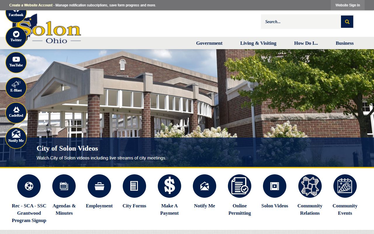 City of Solon website showing municipal services and public records links