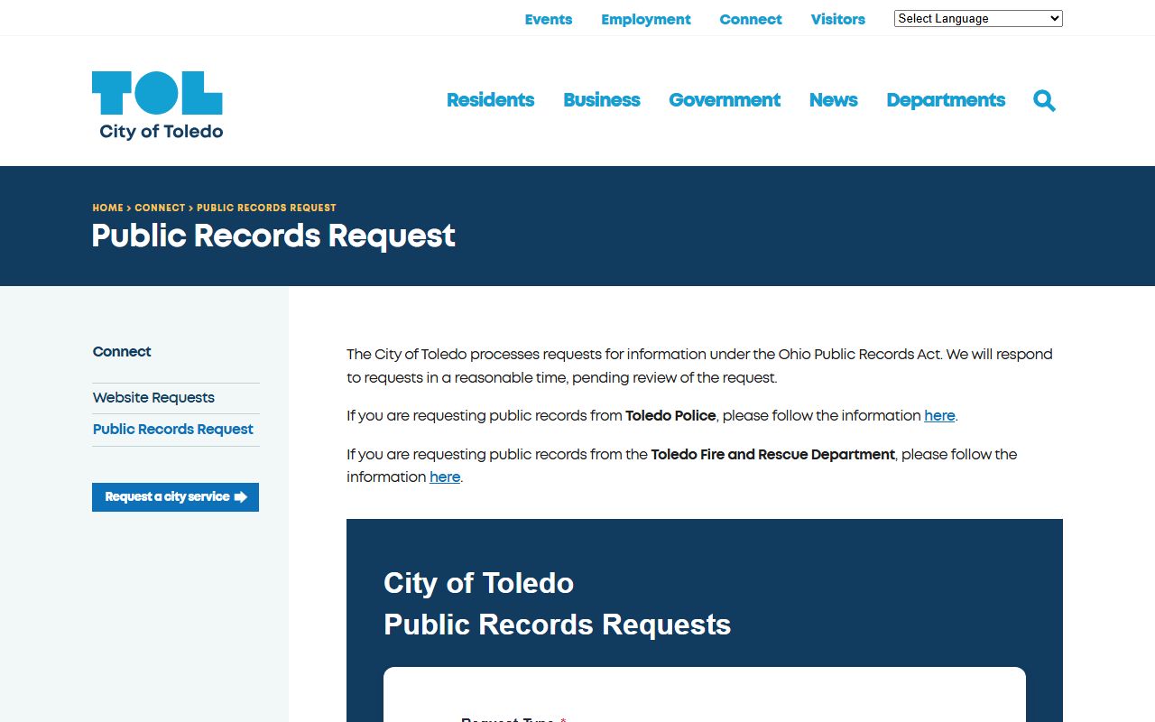 Toledo city government public records request page for Toledo white pages