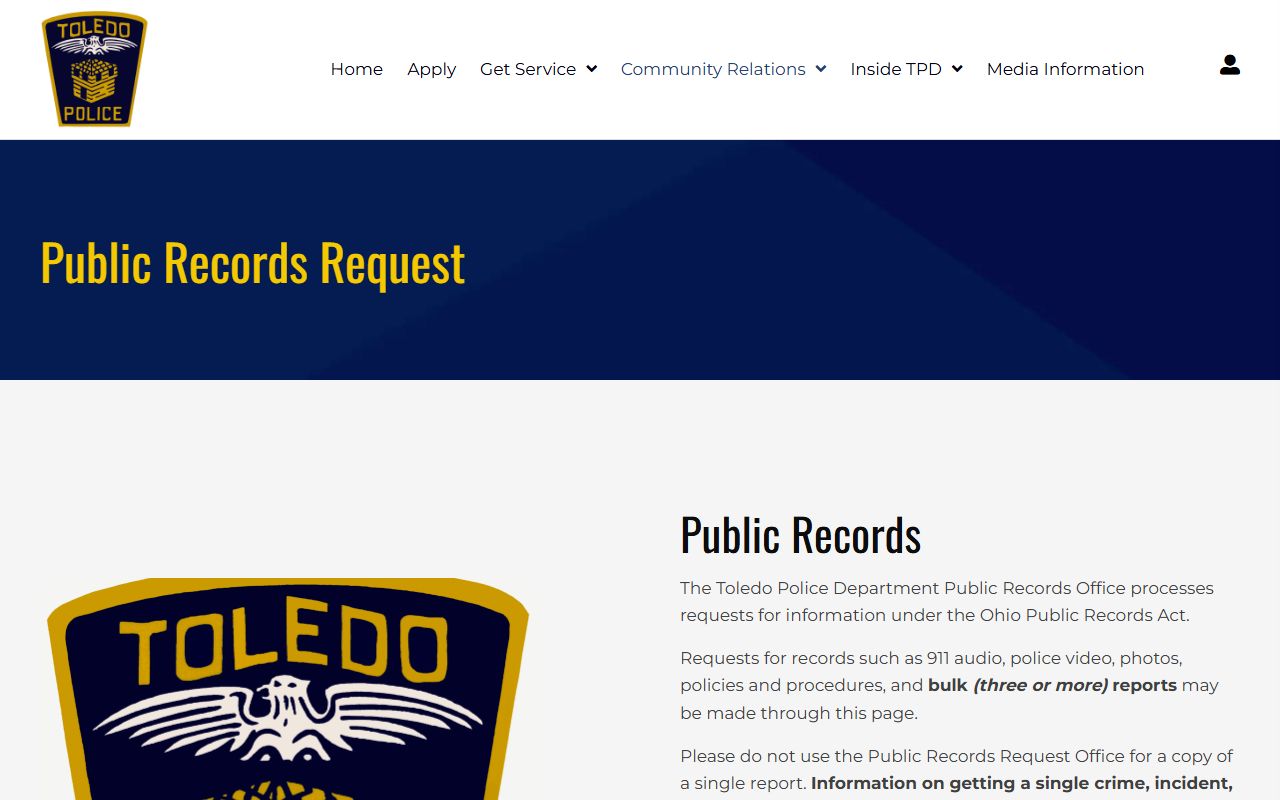 Toledo Police Department public records request page for Toledo white pages searches
