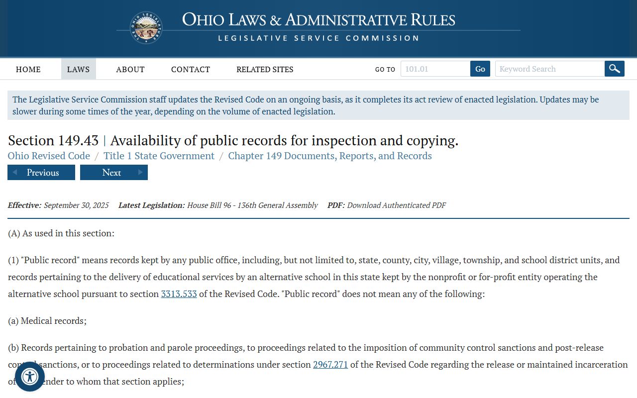 Ohio Public Records Act ORC 149.43 for Ohio white pages searches