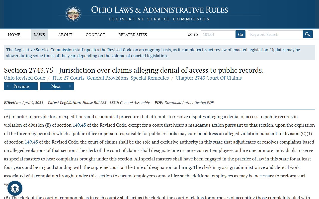 ORC 2743.75 Court of Claims procedures for Ohio white pages disputes