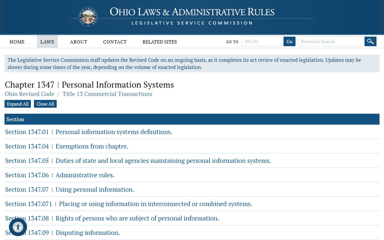 ORC Chapter 1347 Personal Information Systems Ohio white pages